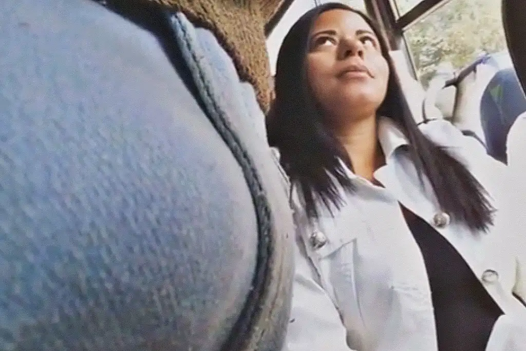 Horny Brazilian brunette looking at bulge on the bus 