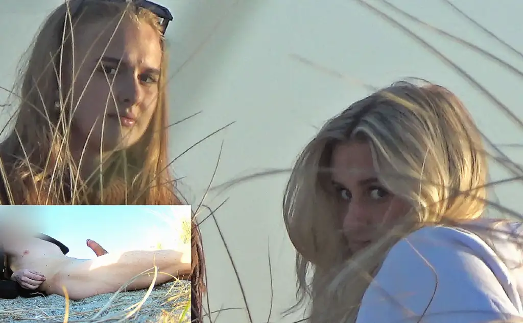 Two suspicious friends looking at a dick on a nudist beach 