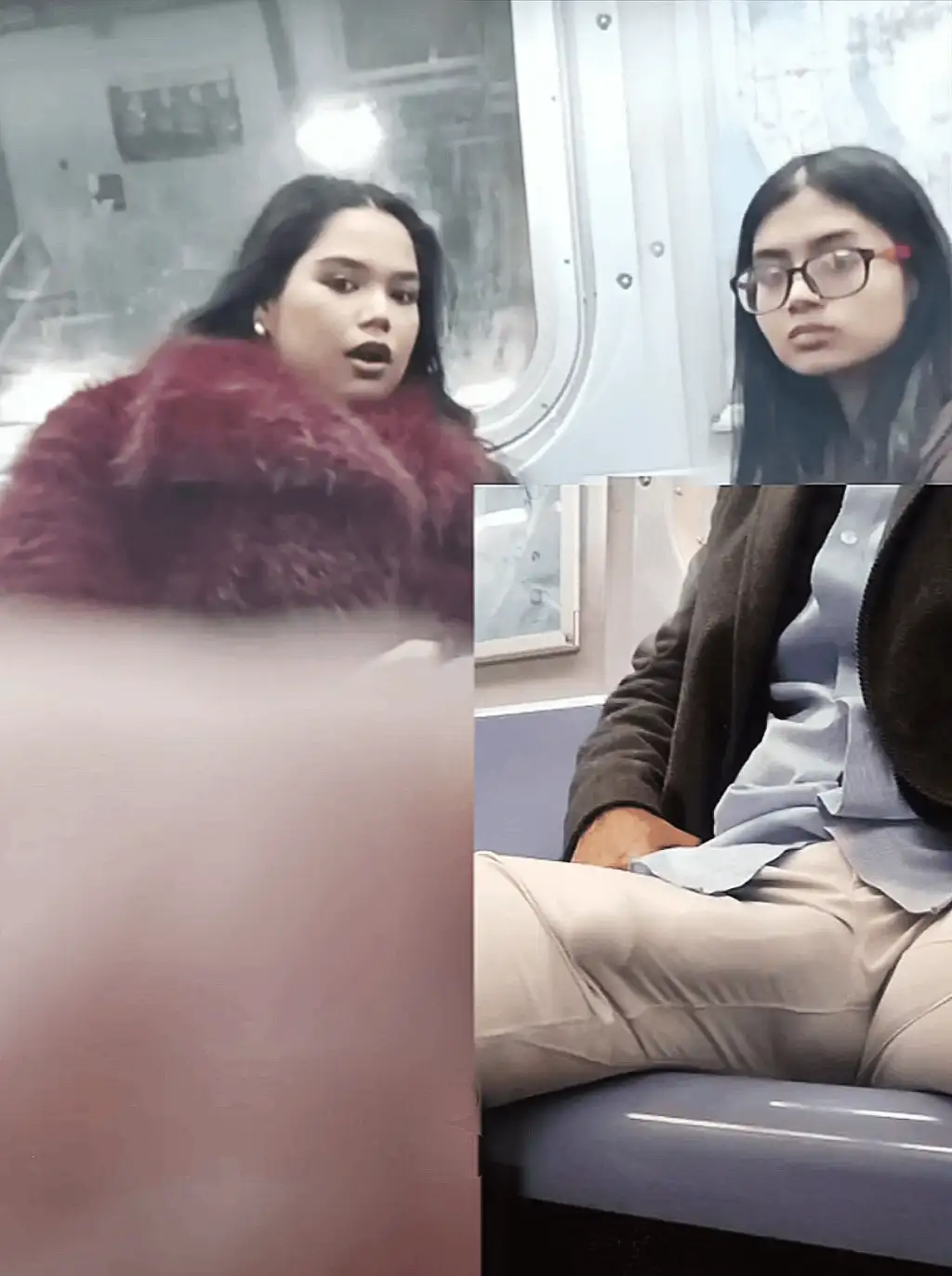 Two friends reacting to the bulge on the train